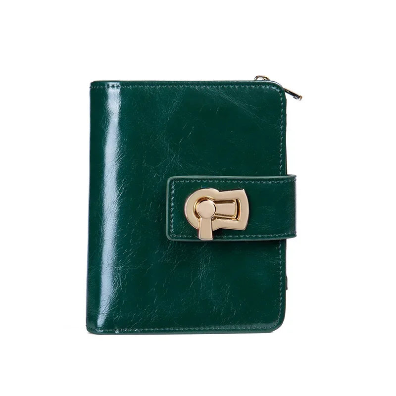 Genuine Leather Women's Wallet – Metal Lock Clasp, Card Holder & Coin Purse