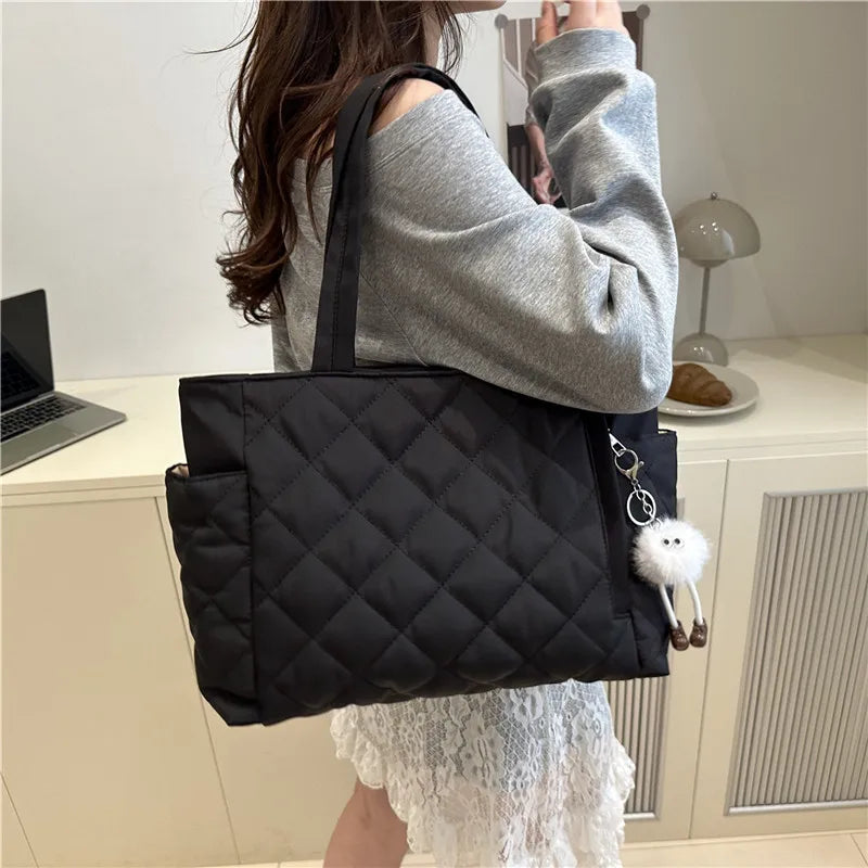 Cotton Shoulder Bag - Large Capacity Diamond Pattern Tote for Women