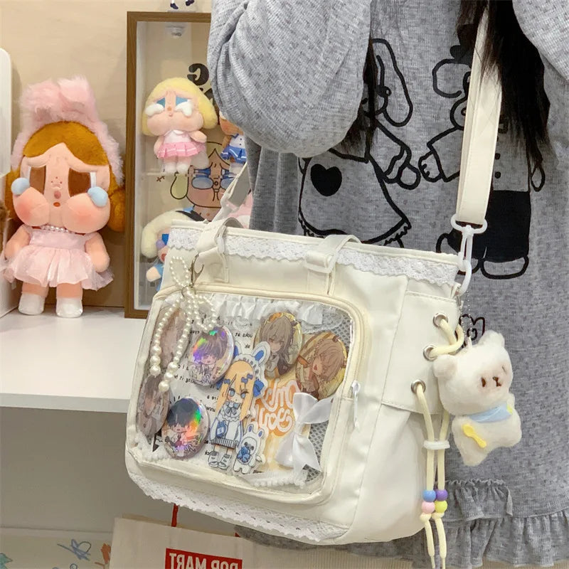 Anime Ribbon Shoulder Bag Large Capacity Cute Soft Girl Tote Handle Comfortable Versatile Texture