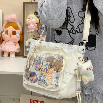 Anime Ribbon Shoulder Bag Large Capacity Cute Soft Girl Tote Handle Comfortable Versatile Texture