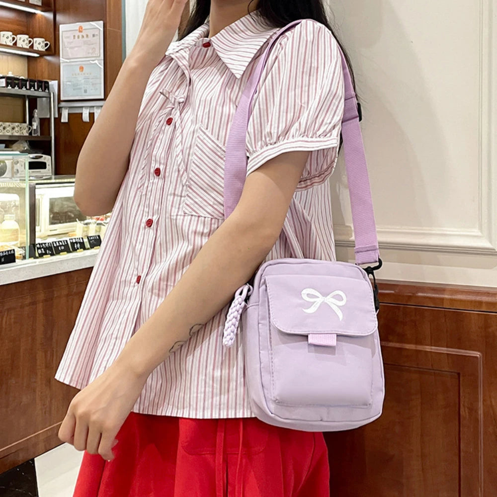Women Bow Shoulder Bag Adjustable Strap Trendy Crossbody Solid Color Daily Messenger Purses Handbags