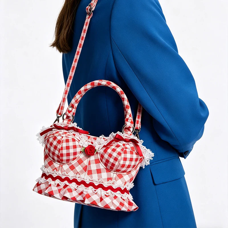 Novelty Bust-Shape Handbag – Plaid Lace Rose Shoulder Bag for Women