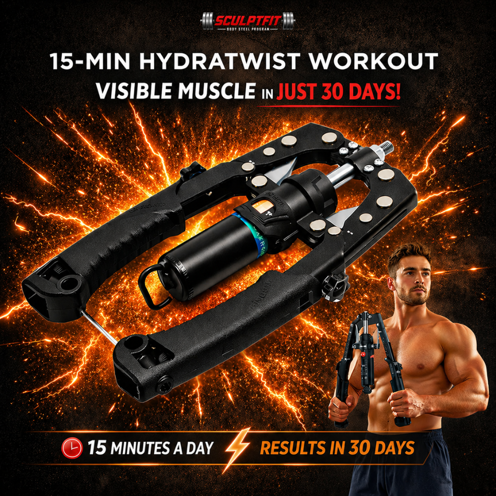 Sculptfit Hydratwist workout tool with a man holding it against a fiery background, promoting visible muscle gain in 30 days.