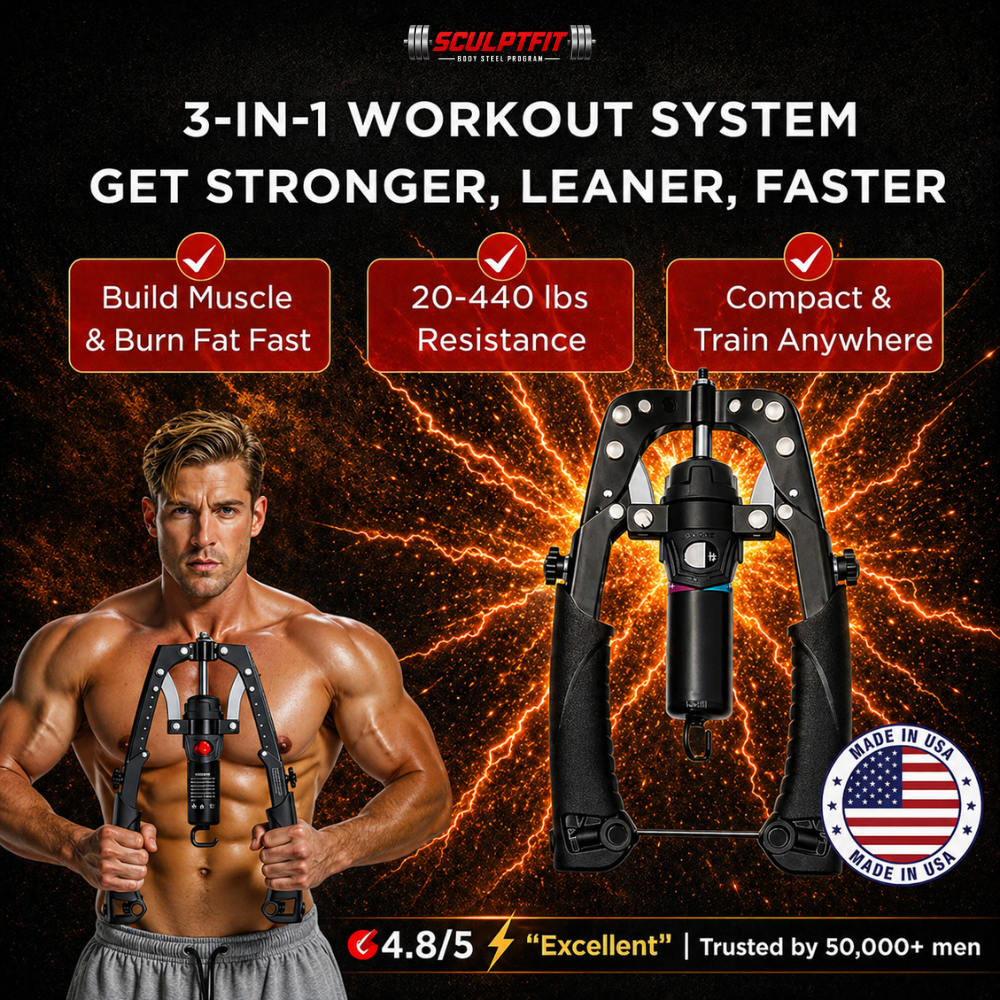 Sculptfit 3-in-1 workout system with a muscular man and product display on a dark background.