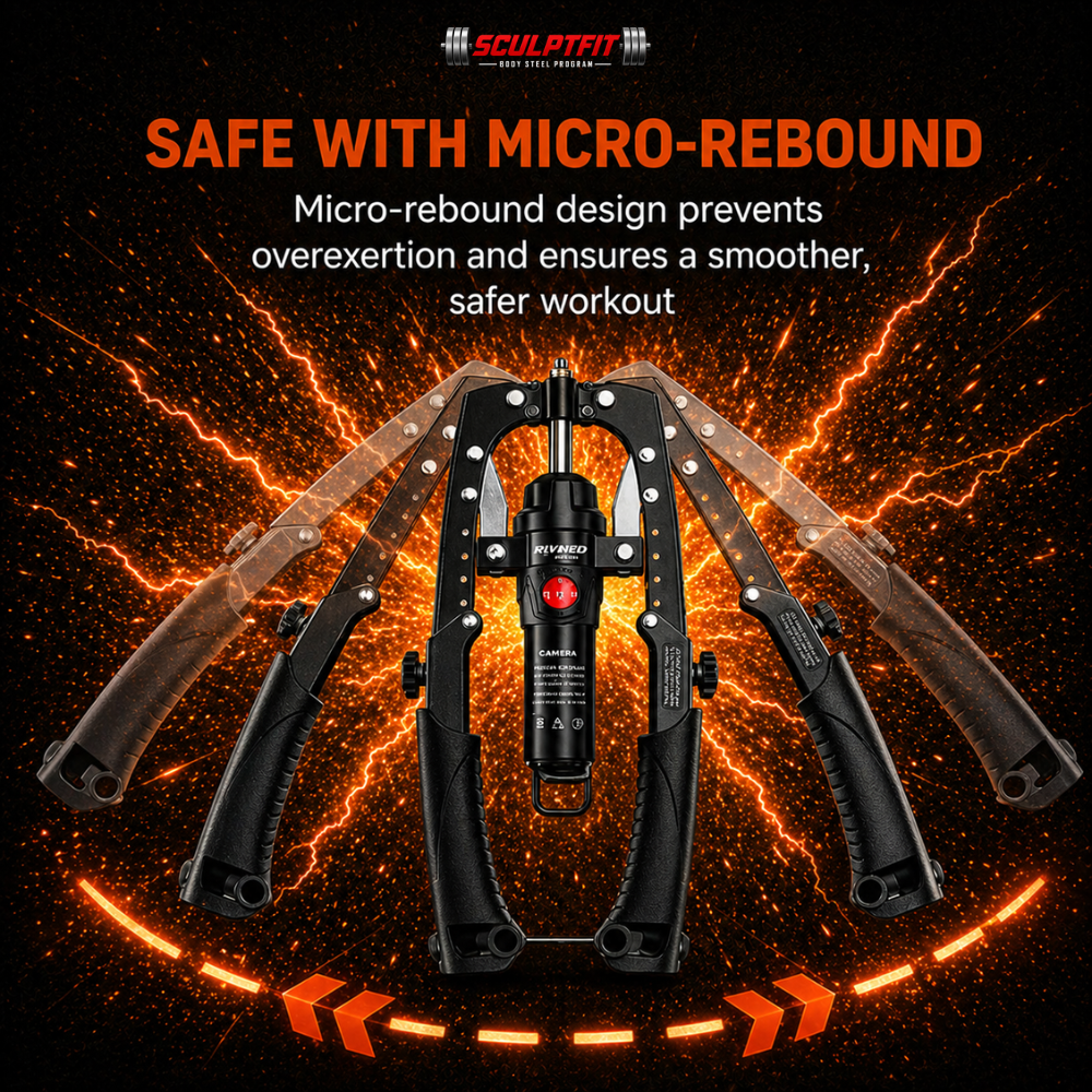 Sculptfit tool with text about micro-rebound design on a fiery background