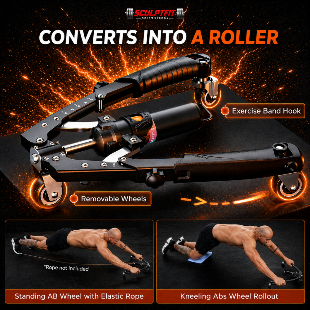 Multi-functional exercise tool with wheels and band hook, featuring text on conversions and uses.