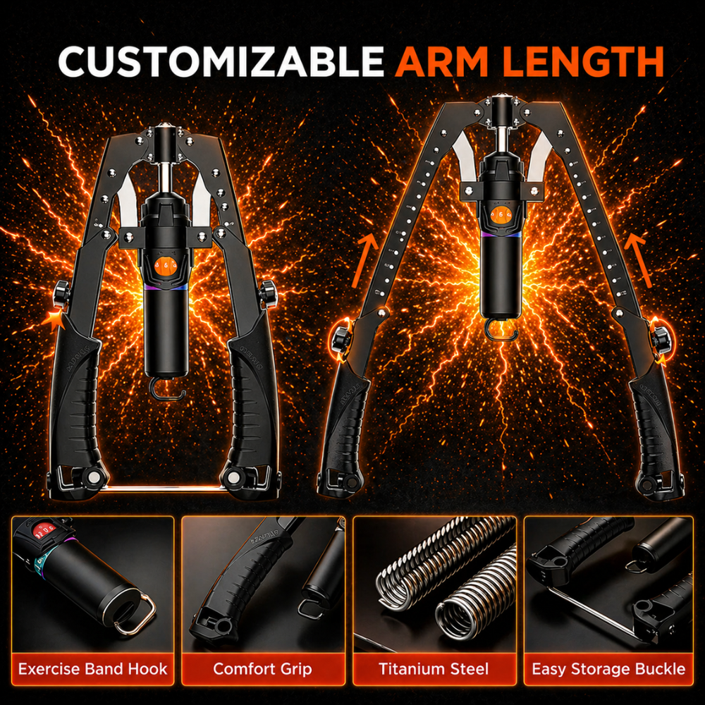 Customizable arm length tool with fiery background and feature highlights.