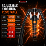 Adjustable hydraulic resistance device with resistance level chart on a fiery background