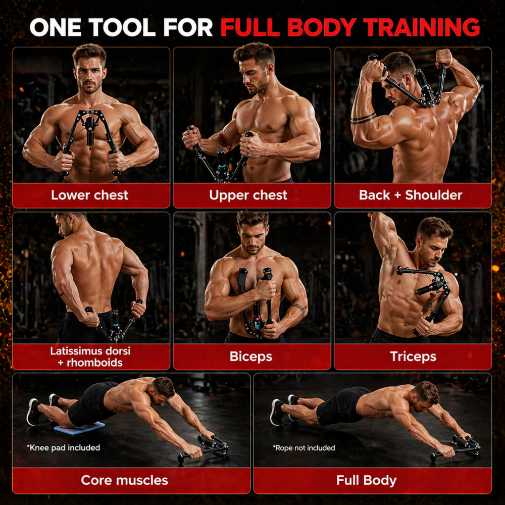 Fitness tool for full body training with various muscle groups targeted.