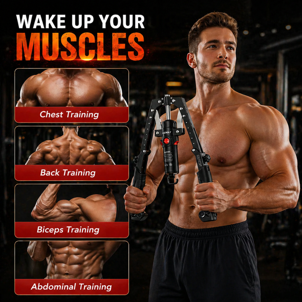 Muscular man holding a training device with text on chest, back, biceps, and abdominal training.