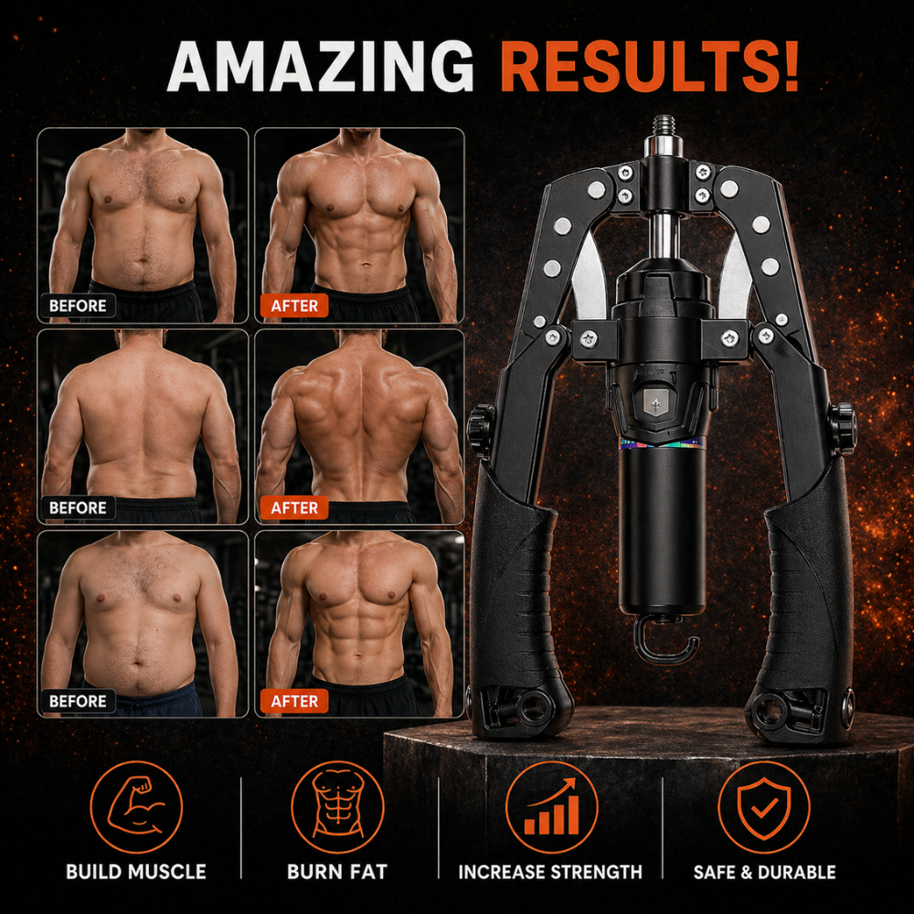 Handheld gym tool with 'Amazing Results!' text and images of before and after muscle changes.