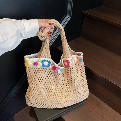 Bohemian Crochet Beach Tote Bag with Colorful Floral Trim