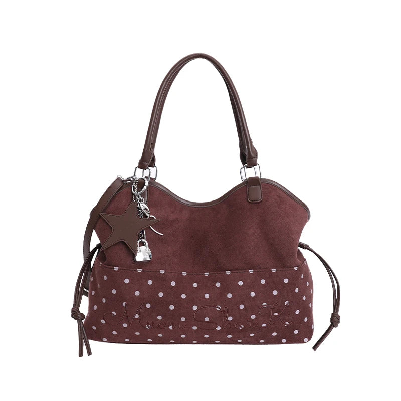 Vintage Polka Dot Tote Bag with Charm – Large Capacity
