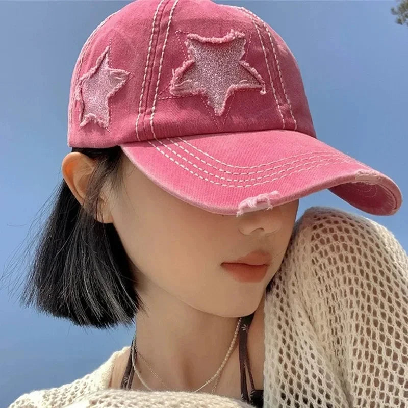 Retro Y2K Star Washed Denim Baseball Cap – Snapback Hat for Men & Women