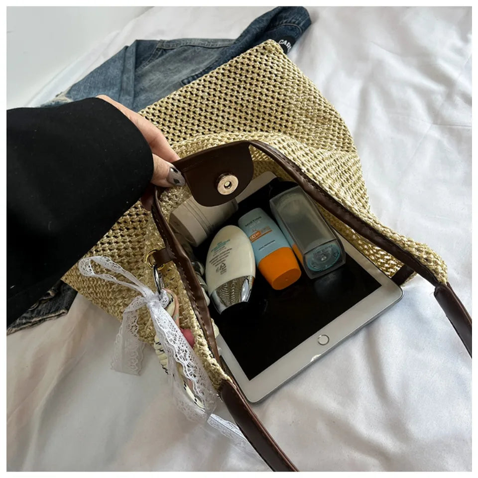 Woven Straw Tote Bag for Women – Casual Beach Shoulder Bag
