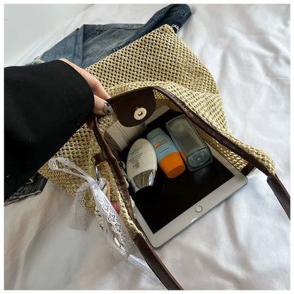 Woven Straw Tote Bag for Women – Casual Beach Shoulder Bag