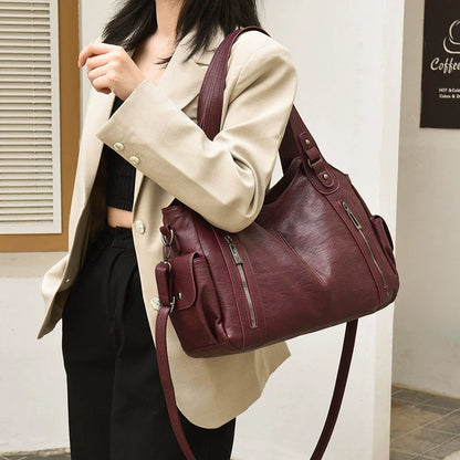 Women's PU Leather Shoulder Bag with Dual Zipper Pockets