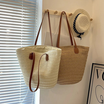 Handmade Straw Woven Round Beach Tote Bag
