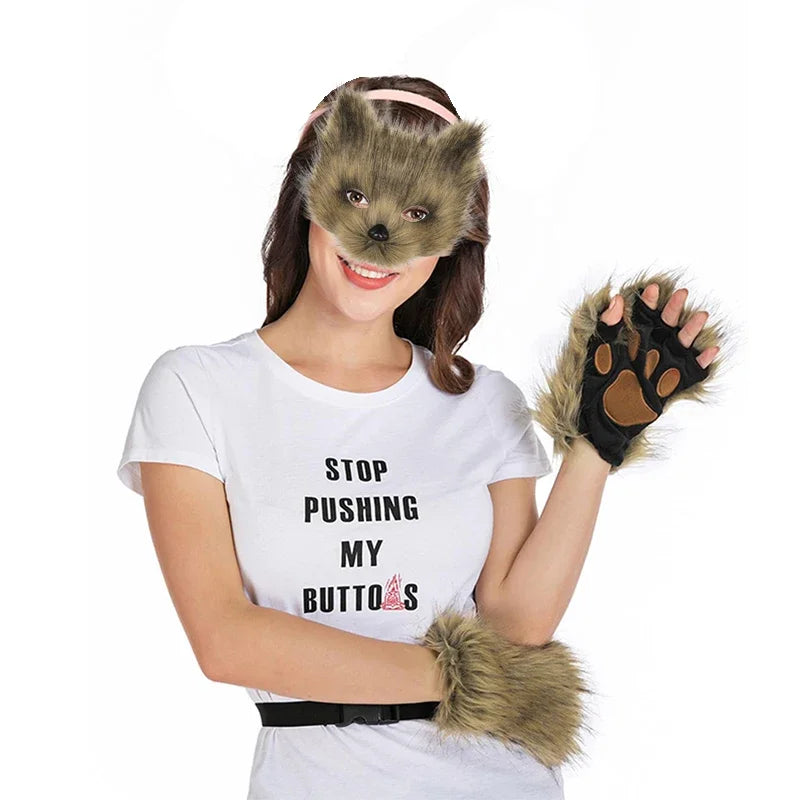 Fox Wolf Cosplay Costume Set – Fluffy Mask, Tail & Paw Gloves for Halloween