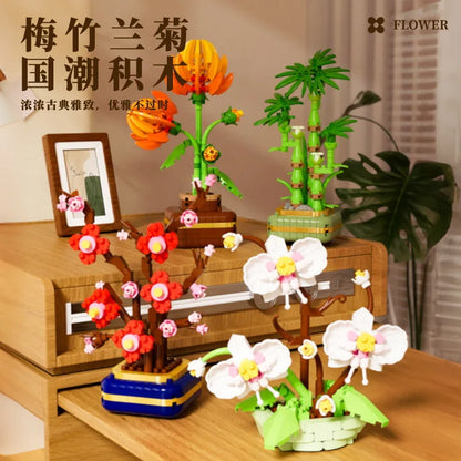 Micro Bonsai Building Blocks – Potted Plum Blossom & Succulent Plant Model