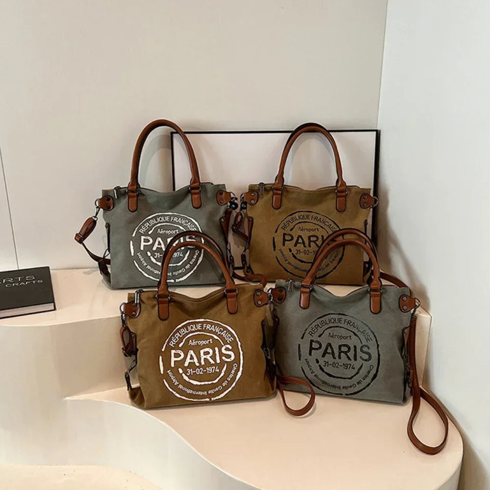 Vintage Paris Canvas Tote Bag – Large Crossbody Shoulder Bag