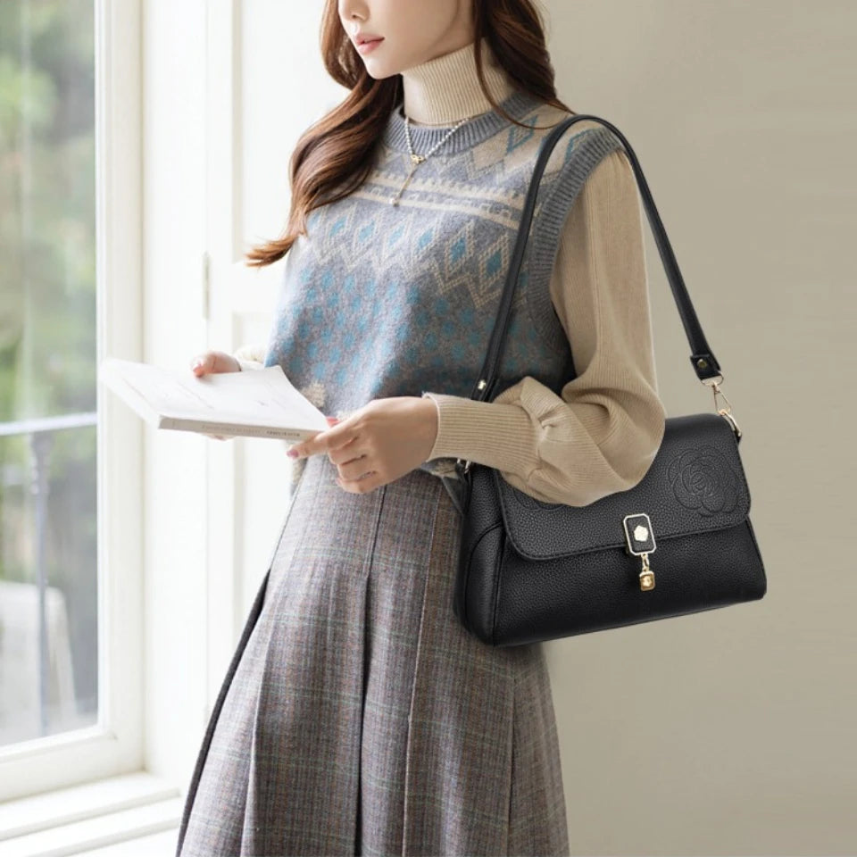 Floral Embossed Leather Crossbody Bag for Women – Shoulder Handbag