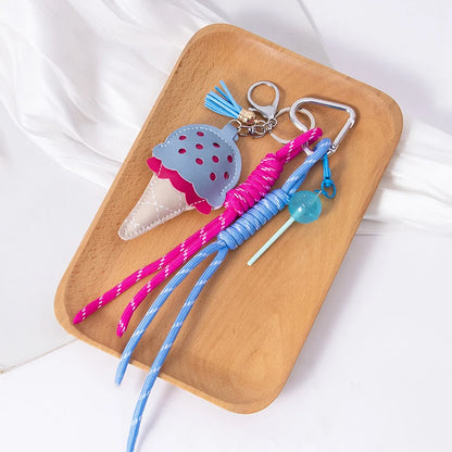 Ice Cream Cone Keychain Bag Charm with Woven Rope Tassel