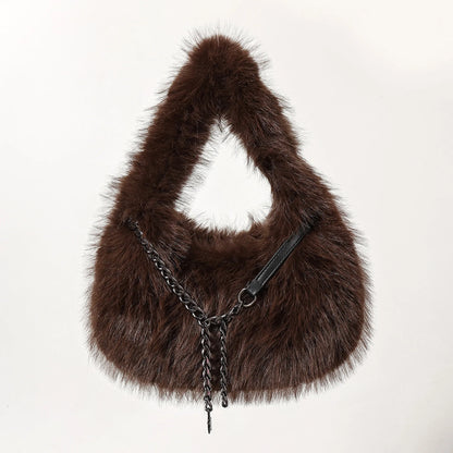 Fluffy Plush Shoulder Bag - Luxury Metal Chain Handbag for Women