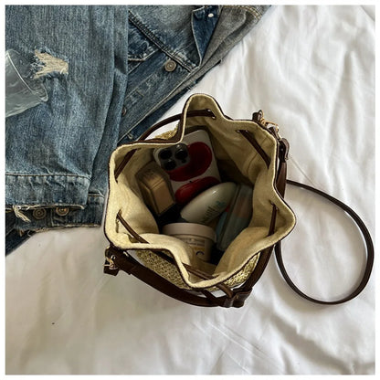 Woven Straw Bucket Bag – Women's Drawstring Crossbody