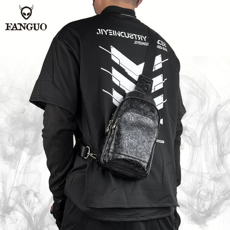 Genuine Leather Chest Bag – Luxury Floral Embossed Sling Backpack for Men