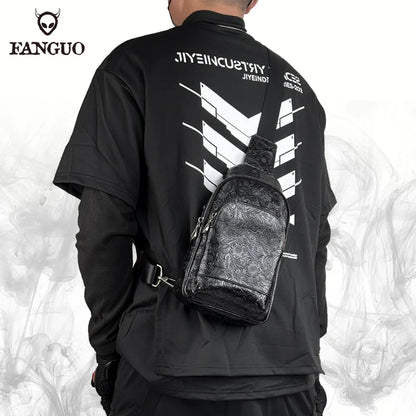 Genuine Leather Chest Bag – Luxury Floral Embossed Sling Backpack for Men
