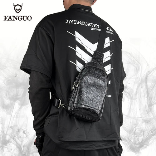 Genuine Leather Chest Bag – Luxury Floral Embossed Sling Backpack for Men