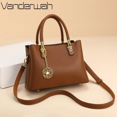 Women's Leather Tote Bag with Gold Hardware & Flower Pendant