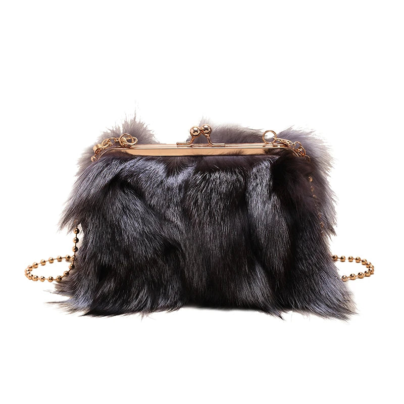 Women's Fluffy Faux Fur Crossbody Bag – Gold Frame Pearl Chain Handbag