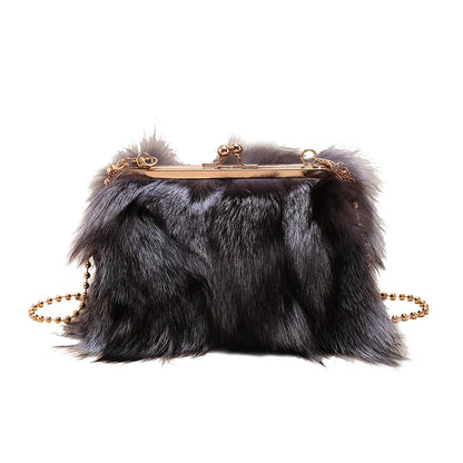 Women's Fluffy Faux Fur Crossbody Bag – Gold Frame Pearl Chain Handbag