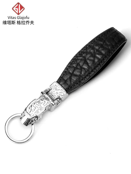 Men's Genuine Leather Keychain with Tiger Head Alloy Clasp
