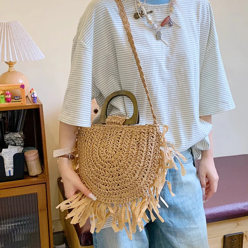 Tassel Straw Shoulder Bag Women's Bohemian Rattan Handbag