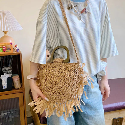 Tassel Straw Shoulder Bag Women's Bohemian Rattan Handbag