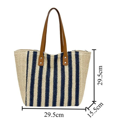Striped Woven Straw Tote Bag – Large Capacity Shoulder Bag for Women