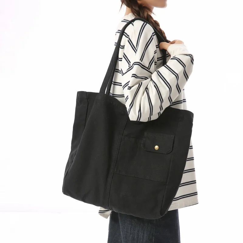 Large Canvas Tote Bag – Multi-Pocket Shoulder Bag for School & Travel