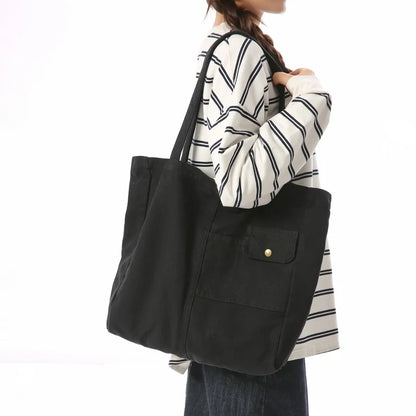 Large Canvas Tote Bag – Multi-Pocket Shoulder Bag for School & Travel