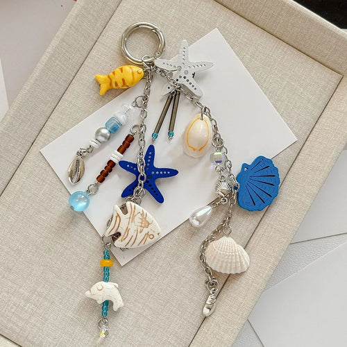 Beach Ocean Keychain Bag Charm with Shell Starfish & Fish Pendants