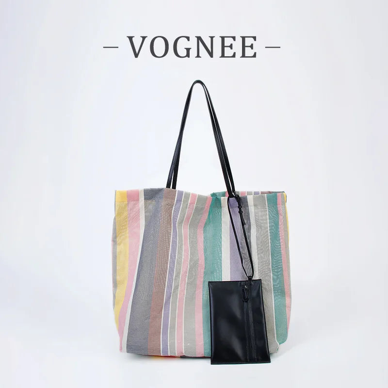 Rainbow Striped Tote Bag – Designer Shoulder Bag with Card Holder