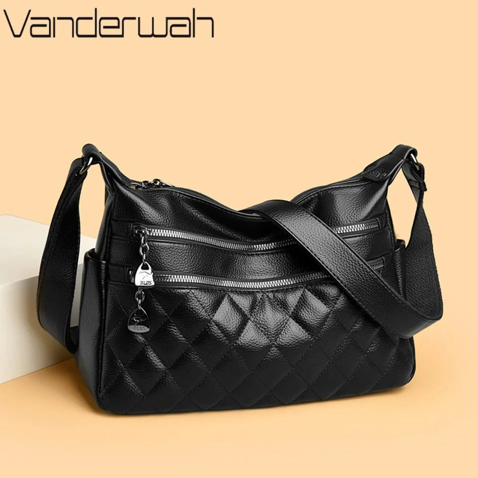 Quilted Leather Crossbody Bag for Women – Large Capacity Shoulder Bag