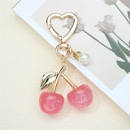 Cherry Resin Bag Charm Keychain with Heart Clip & Pearl