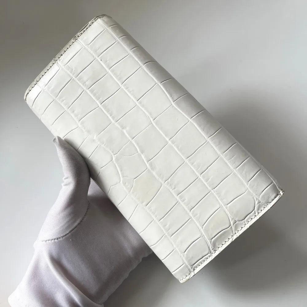 Crocodile Leather Women's Long Tri-Fold Wallet | White Luxury Clutch