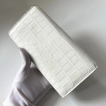 Crocodile Leather Women's Long Tri-Fold Wallet | White Luxury Clutch
