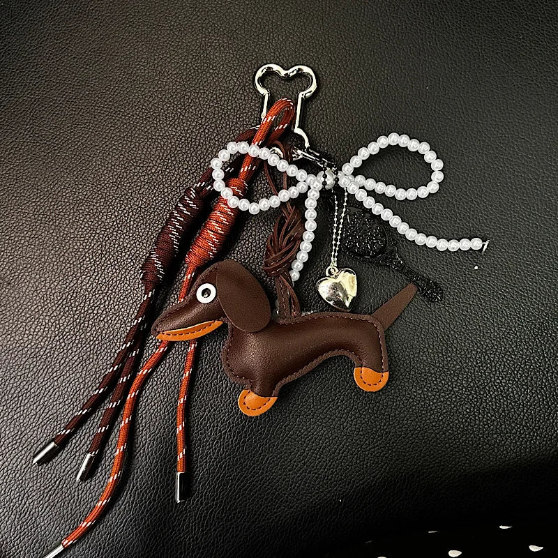 Dachshund Leather Bag Charm Keychain with Tassel & Pearl Bow