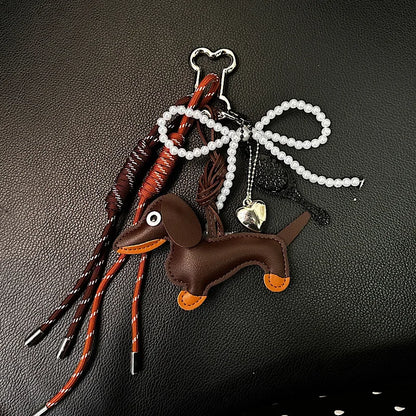 Dachshund Leather Bag Charm Keychain with Tassel & Pearl Bow