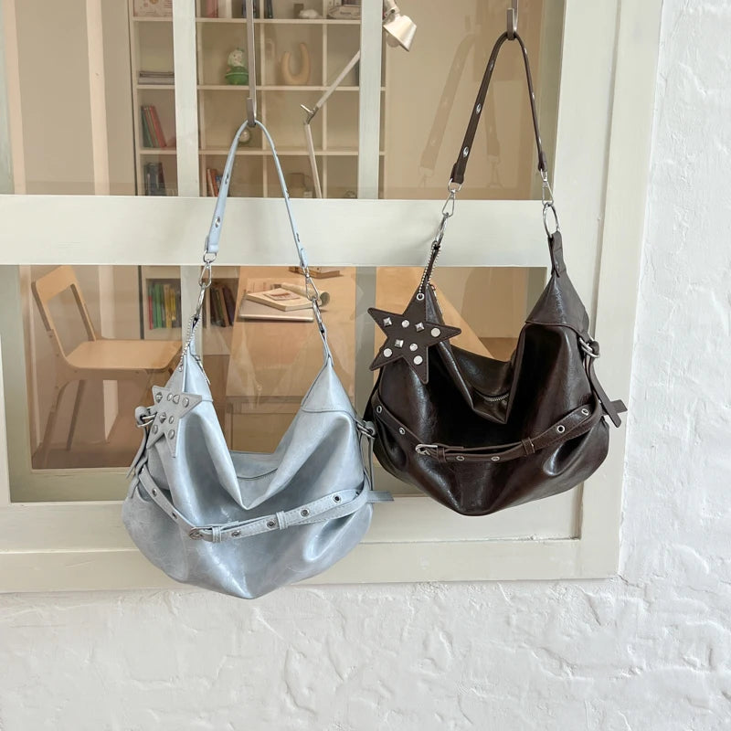 Moods Biker Style Shoulder Hobo Bags Women Soft Pu Leather Large Capacity Shopper Totes Rivets Decor